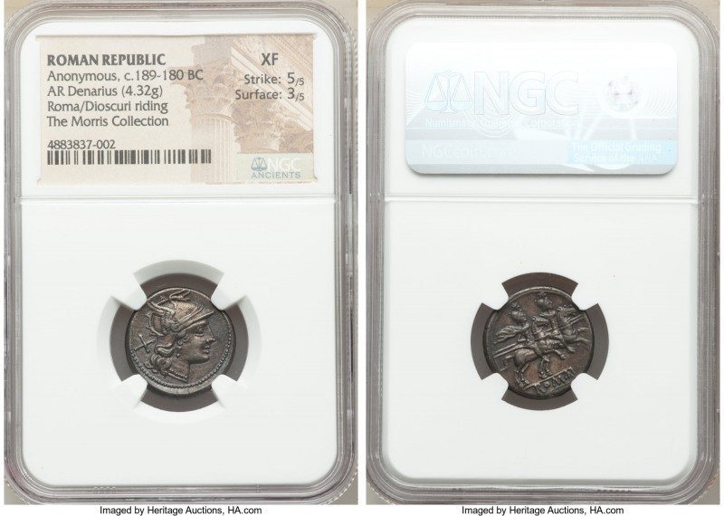 Anonymous. Ca. 189-180 BC. AR denarius (19mm, 4.32 gm, 11h). NGC XF 5/5 - 3/5. R...