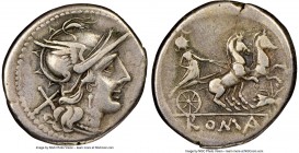 Anonymous. Fly Series. Ca. 179-170 BC. AR denarius (19mm, 3.84 gm, 3h). NGC VF 5/5 - 4/5, light scratch. Rome. Head of Roma right, wearing winged helm...
