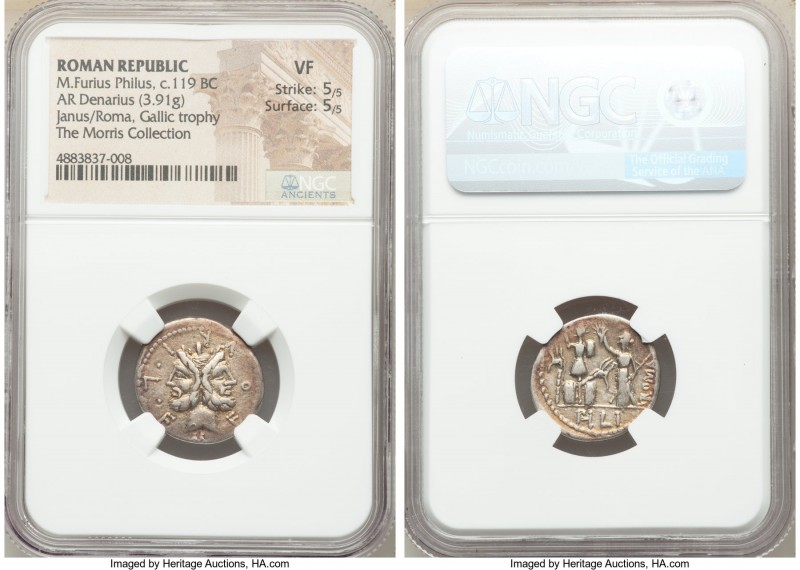 M. Furius L.f. Philus (ca. 119 BC). AR denarius (20mm, 3.91 gm, 12h). NGC VF 5/5...