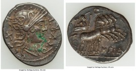 Q. Curtius and M. Silanus (ca. 116-115 BC). AR denarius (18mm, 3.82 gm, 4h). VF, verdigris, scratches. Rome. Q•CVRT, head of Roma right in winged helm...