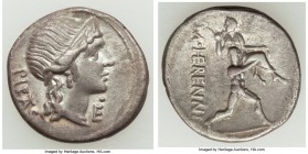 M. Herennius (ca. 108-107 BC). AR denarius (18mm, 3.88 gm, 10h). VF. Rome. PIETAS (TA ligate) behind (downwards), diademed head of Pietas right; •/E u...