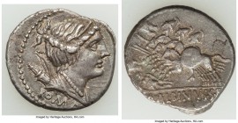 A. Albinus Sp.f. (ca. 96 BC). AR denarius (19mm, 3.88 gm, 6h). VF. Rome. ROMA, draped bust of Diana right, wearing stephane and necklace, hair bound a...