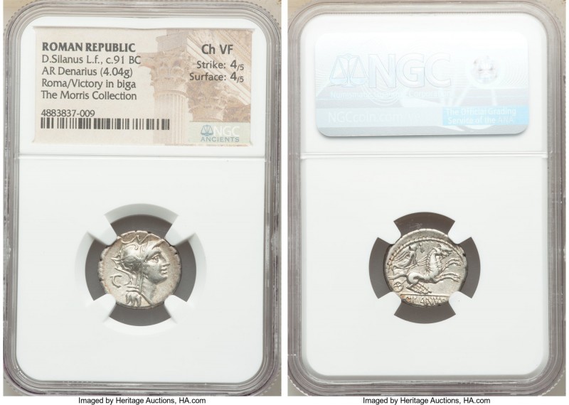 D. Silanus L.f. (ca. 91 BC). AR denarius (18mm, 4.04 gm, 12h). NGC Choice VF 4/5...