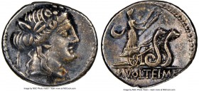 M. Volteius M.f. (78/75 BC). AR denarius (18mm, 3.91 gm, 6h). NGC Choice VF 5/5 - 4/5. Rome. Head of Bacchus or Liber right, wearing ivy wreath / M•VO...