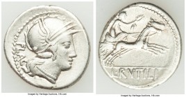 L. Rutilius Flaccus (ca. 77 BC). AR denarius (19mm, 3.93 gm, 7h). VF. Rome. FLAC, head of Roma right in winged helmet decorated with griffin crest, we...
