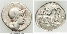 M. Volteius M.f. (ca. 75 BC). AR denarius (18mm, 3.98 gm, 6h). About VF. Rome. Laureate, helmeted and draped bust of Attis right; candelabra behind / ...