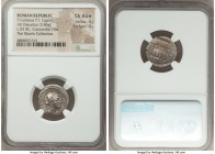 P. Fonteius P.f. Capito (ca. 55 BC). AR denarius (18mm, 3.86 gm, 1h). NGC Choice AU S 4/5 - 4/5. Rome. P. FONTEIVS. CAPITO. III. VIR. around, CONCORDI...
