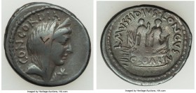 L. Mussidius Longus (ca. 42 BC). AR denarius (19mm, 3.97 gm, 11h). Good Fine, bankers mark. Rome. CONCORDIA, diademed and veiled head of Concordia rig...