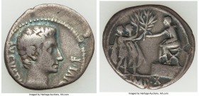 Augustus (27 BC-AD 14). AR denarius (20mm, 3.51 gm, 7h). About VF. Lugdunum, 15 BC. AVGVSTVS-DIVI•F, bare head of Augustus right / IMP•X, Augustus sea...