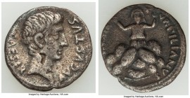 Augustus (27 BC-AD 14). AR denarius (19mm, 3.27 gm, 10h). About VF, bankers mark. Rome, ca. 19/18 BC, P. Petronius Turpilianus, moneyer. CAESAR-AVGVST...