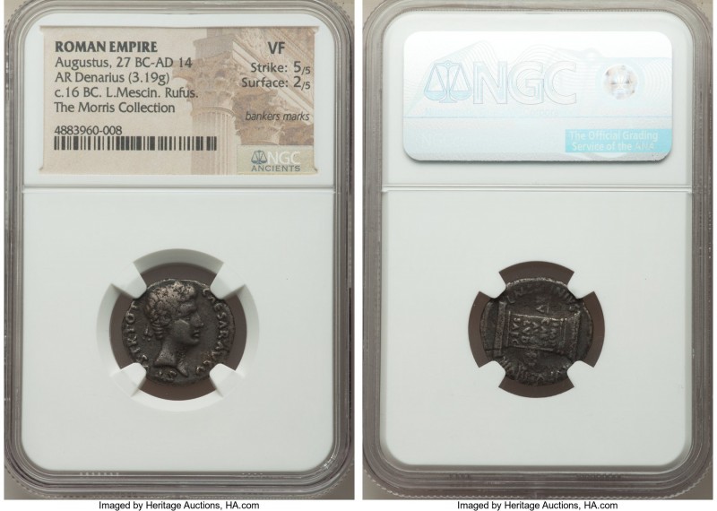 Augustus (27 BC-AD 14). AR denarius (19mm, 3.19 gm, 3h). NGC VF 5/5 - 2/5, banke...