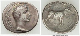 Augustus (27 BC-AD 14). AR denarius (20mm, 2.95 gm, 1h). Choice Fine. Samos, ca. 21-20 BC. CAESAR, bare head of Augustus right / AVGVSTVS, heifer stan...