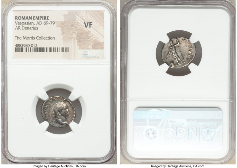 Vespasian (AD 69-79). AR denarius (18mm, 5h). NGC VF. Rome, AD 76. IMP CAESAR-VE...