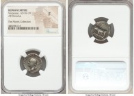 Vespasian (AD 69-79). AR denarius (19mm, 7h). NGC Fine. Rome, AD 77-78. IMP CAESAR-VESPASIANVS AVG, laureate head Vespasian left / COS VIII, pair of o...