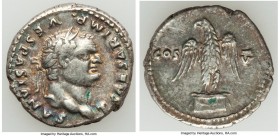 Titus, as Caesar (AD 79-81). AR denarius (19mm, 3.62 gm, 7h). XF. Rome, AD 76. T CAESAR IMP VESPASIANVS, laureate head of Titus right / COS-V, eagle s...