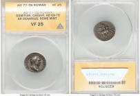 Domitian, as Caesar (AD 81-96). AR denarius (18mm, 5h). ANACS VF 25. Rome, AD 77-78. CAESAR AVG F-DOMITIANVS, laureate head of Domitian right / COS V,...