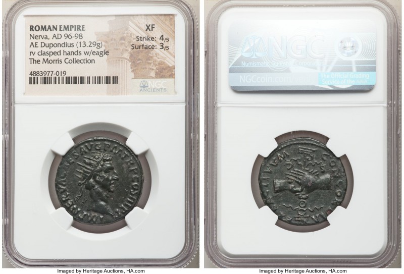 Nerva (AD 96-98). AE dupondius (28mm, 13.29 gm, 6h). NGC XF 4/5 - 3/5. Rome, AD ...