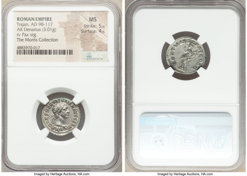 Trajan (AD 98-117). AR denarius (19mm, 3.01 gm, 7h). NGC MS 5/5 - 4/5 Rome, AD 9...