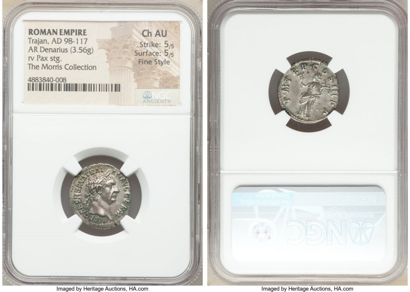 Trajan (AD 98-117). AR denarius (18mm, 3.56 gm, 7h). NGC Choice AU 5/5 - 5/5, Fi...