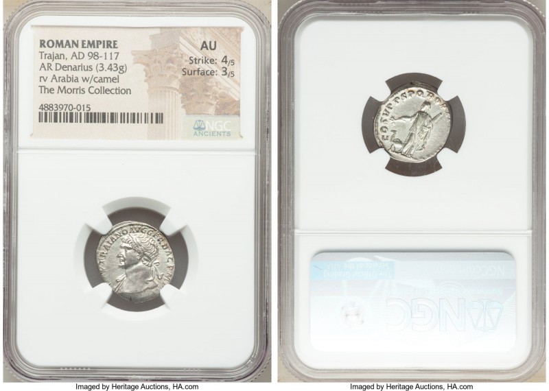 Trajan (AD 98-117). AR denarius (18mm, 3.43 gm, 7h), NGC AU 4/5 - 3/5. Rome, AD ...