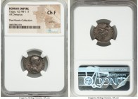Trajan (AD 98-117). AR denarius (19mm, 7h). NGC Choice Fine, graffito. Rome, AD 113-114. IMP TRAIANO AVG GER DAC P M TR P COS VI P P, laureate, draped...