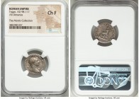 Trajan (AD 98-117), with Divus Trajan Pater. AR denarius (19mm, 7h). NGC Choice Fine. Rome, AD 112-114 AD. IMP TRAIANVS AVG GER DAC P M TR P COS VI P ...