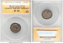 Trajan (AD 98-117). AR denarius (21mm, 7h). ANACS EF 40, corroded. Rome, AD 114. IMP TRAIANO AVG GER DAC P M TR P COS VI P P, laureate and draped bust...
