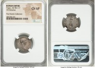 Trajan (AD 98-117). AR denarius (19mm, 6h). NGC Choice VF. Rome, AD 113-114. IMP TRAIANO AVG GER DAC P M TR P COS VI P P, laureate head of Trajan righ...