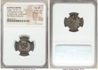 Trajan (AD 98-117). AR denarius (20mm, 3.32 gm, 7h). NGC Choice XF 4/5 - 4/5. Rome, AD 114-117. IMP TRAIANO OPTIMO AVG GER DAC P M TR P, laureate, dra...