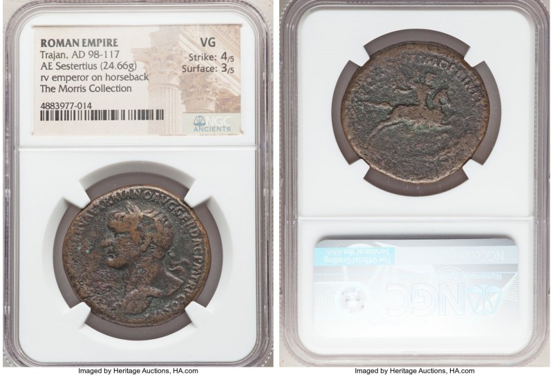 Trajan (AD 98-117). AE sestertius (33mm, 24.66 gm, 7h). NGC VG 4/5 - 3/5. Rome, ...