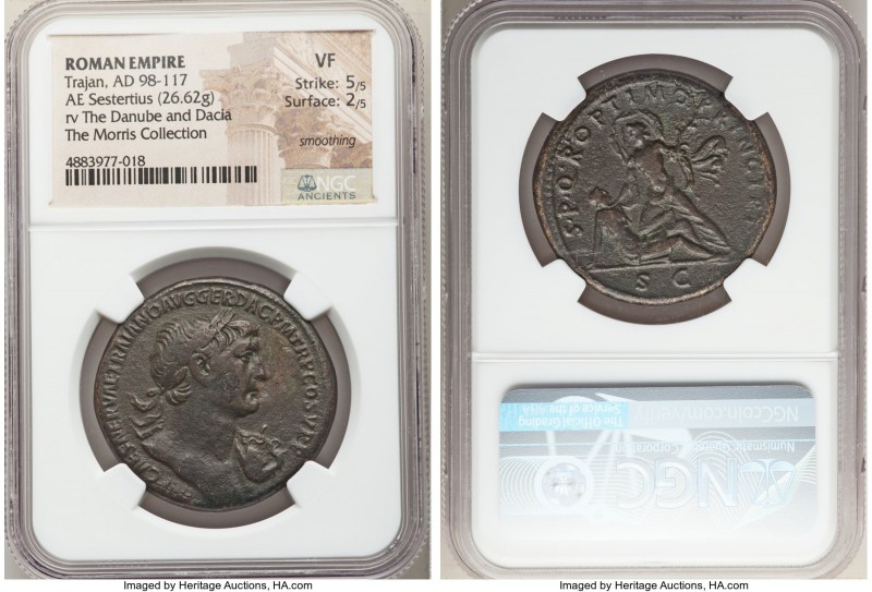 Trajan (AD 98-117). AE sestertius (35mm, 26.62 gm, 6h). NGC VF 5/5 - 2/5, smooth...