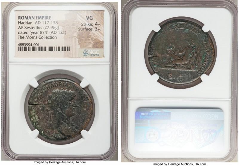 Hadrian (AD 117-138). AE sestertius (32mm, 22.96 gm, 6h). NGC VG 4/5 - 3/5. Rome...