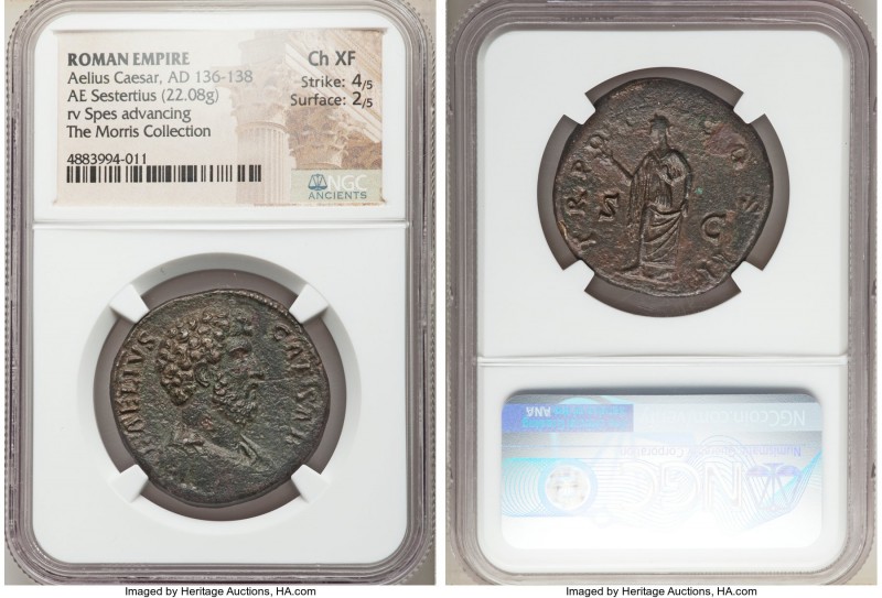 Aelius Caesar (AD 136-138). AE sestertius (30mm, 22.08 gm, 6h). NGC Choice XF 4/...