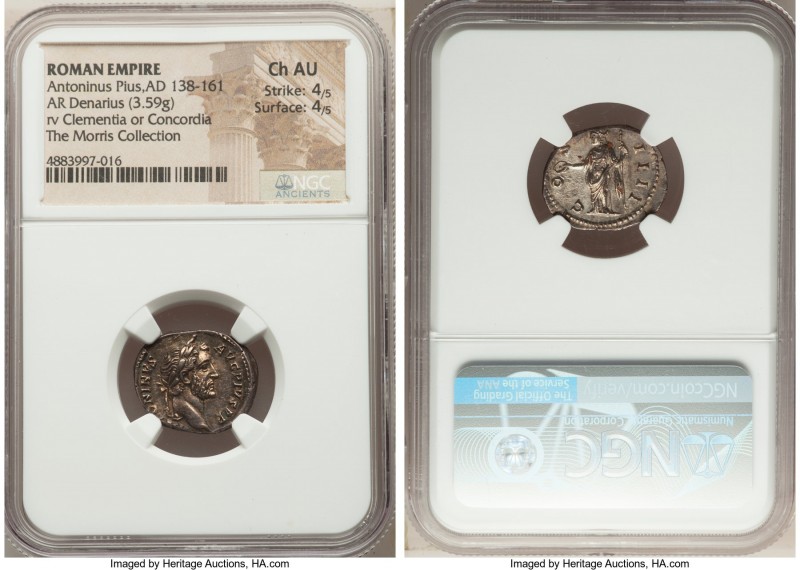 Antoninus Pius (AD 138-161). AR denarius (18mm, 3.59 gm, 6h). NGC Choice AU 4/5 ...