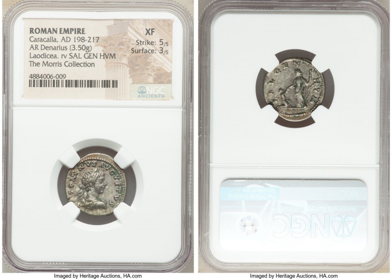 Caracalla (AD 198-217). AR denarius (20mm, 3.50 gm, 6h). NGC XF 5/5 - 3/5. Laodi...