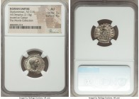 Diadumenian, as Caesar (AD 218). AR denarius (20mm, 2.13 gm, 6h). NGC AU 3/5 - 4/5. Rome, AD 217. M OPEL ANT DIADVMENIAN CAES, bare headed, draped bus...