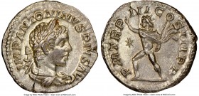 Elagabalus (AD 218-222). AR denarius (19mm, 2.88 gm, 6h). NGC Choice AU 5/5 - 5/5. Rome, AD 220. IMP ANTONINVS PIVS AVG, laureate, draped bust of Elag...