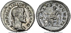 Maximinus I (AD 235-238). AR denarius (20mm, 2.97 gm, 11h). NGC Choice AU 4/5 - 5/5. Rome, AD 235-236. IMP MAXIMINVS PIVS AVG, laureate, draped and cu...