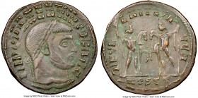 Maxentius, as Augustus (AD 307-312). BI follis or nummus (25mm, 6.47 gm, 6h). NGC XF 3/5 - 4/5, die shift. Ostia, 3rd officina, AD 309-312. IMP C MAXE...