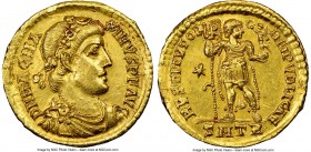 Magnus Maximus, Western Roman Empire (AD 383-388). AV solidus (21mm, 4.42 gm, 6h). NGC AU 5/5 - 2/5, marks. Trier, AD 383-384. D N MAG MA-XIMVS P F AV...