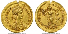 Theodosius II, Eastern Roman Empire (AD 402-450). AV tremissis (15mm, 1.43 gm, 11h). NGC AU 5/5 - 3/5, wavy flan. Constantinople. D N THEODO-SIVS P F ...