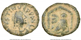 Justin I (AD 518-527). AE pentanummium (20mm, 1.97 gm, 6h). NGC Choice Fine 5/5 - 4/5. Antioch, AD 522-527. D N IVSTINVS P P AVG, pearl-diademed, drap...