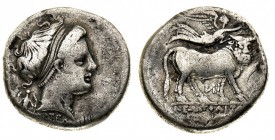 campania
Neapolis - Didramma databile al periodo 325-241 a.C. - Diritto: testa di ninfa a sinistra; nel campo a sinistra Artemide stante regge due to...