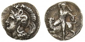 calabria 
Taranto - Diobolo databile al periodo 380-334 a.C. - Diritto: testa di Atena a sinistra con elmo attico crestato e ornato dal mostro Scilla...