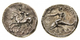 calabria 
Taranto - Didramma databile al periodo 302-280 a.C. - Diritto: guerriero al galoppo verso sinistra tiene uno scudo con la mano sinistra - R...