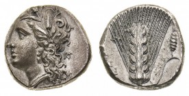 lucania 
Metaponto - Statere databile al periodo 330-290 a.C. - Diritto: testa di Demetra coronata di spighe a sinistra; nel campo, a destra, la lett...