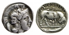 lucania 
Thurium - Statere databile al periodo 350-300 a.C. - Diritto: testa di Atena a destra con elmo attico crestato e ornato dal mostro Scilla ch...