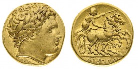 macedonia 
Filippo II (359-336 a.C.) - Statere d’oro postumo databile al periodo 323-316 a.C. - Zecca: Pella - Diritto: testa laureata di Apollo a de...