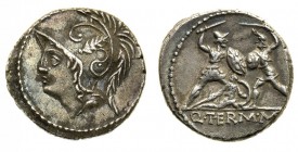 monete romane repubblicane 
Denaro al nome Q. THERM M.F. databile al 103 a.C. - Zecca: Roma - Diritto: testa elmata di Marte a sinistra - Rovescio: g...