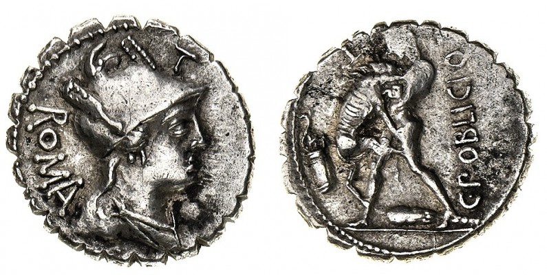 monete romane repubblicane 
Denaro serrato al nome C.POBLICI Q.F databile all’8...